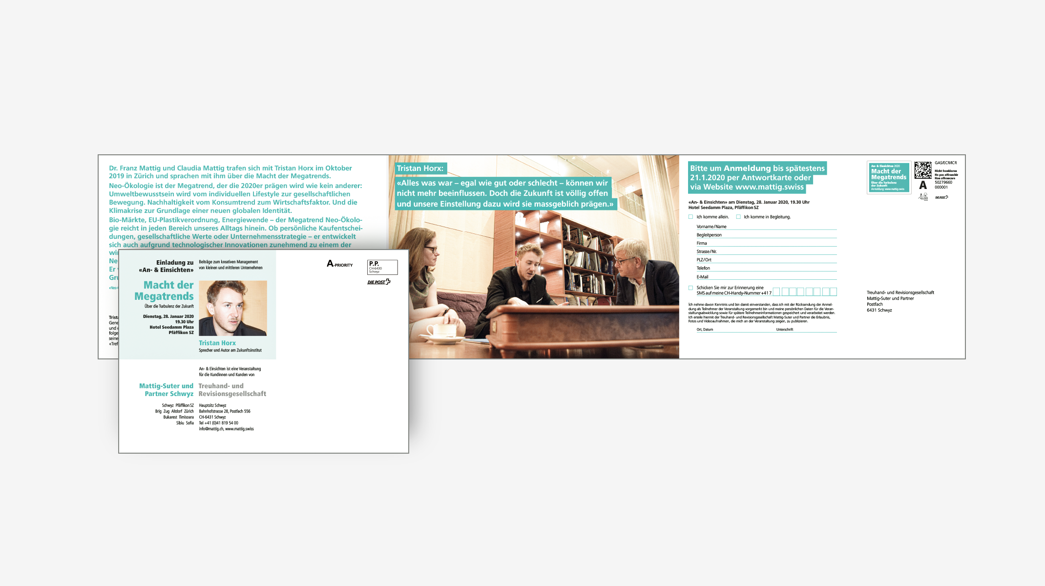 Einladungskarte zum Event „Macht der Megatrends“ mit Tristan Horx – Design mit Anmeldekarte, Bildwelt und Zitat zur Zukunftsgestaltung