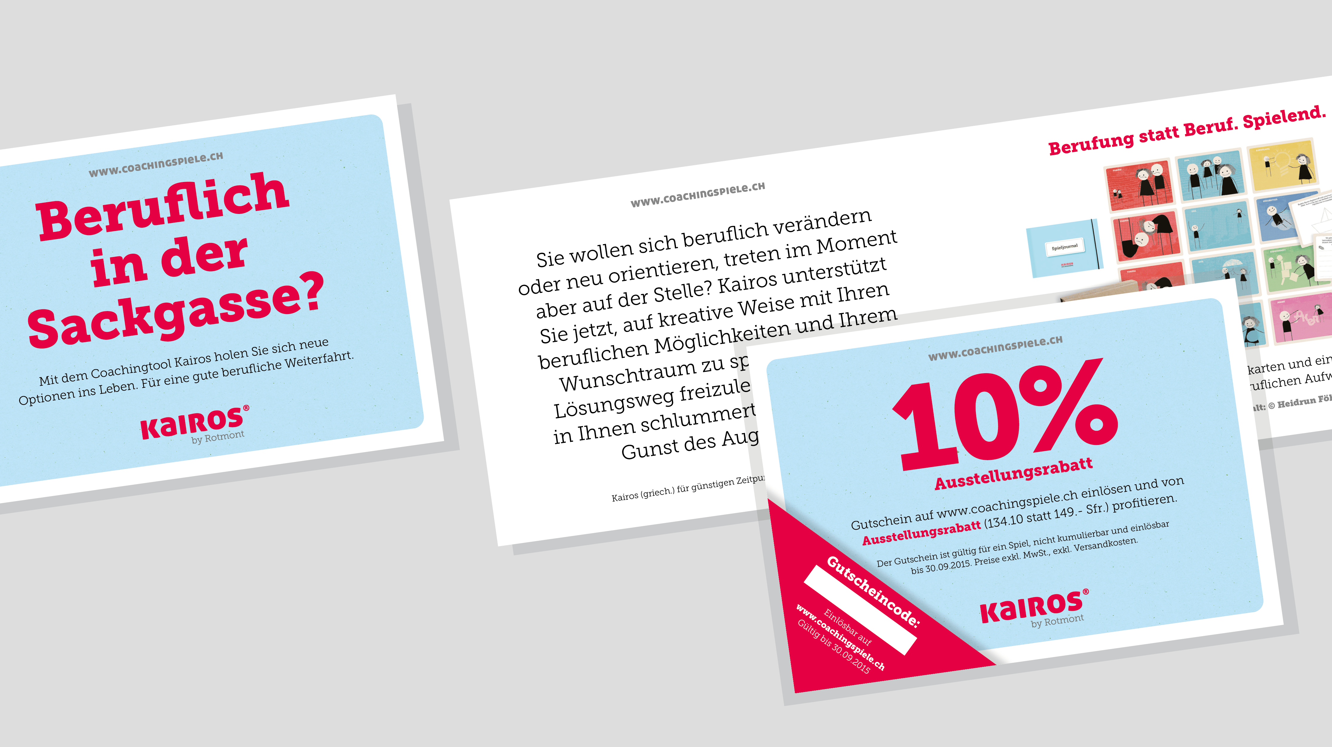 Produktflyer für Kairos Selbstcoachingspiel: Werbeflyer zur beruflichen Neuorientierung und Ausstellungsgutschein.