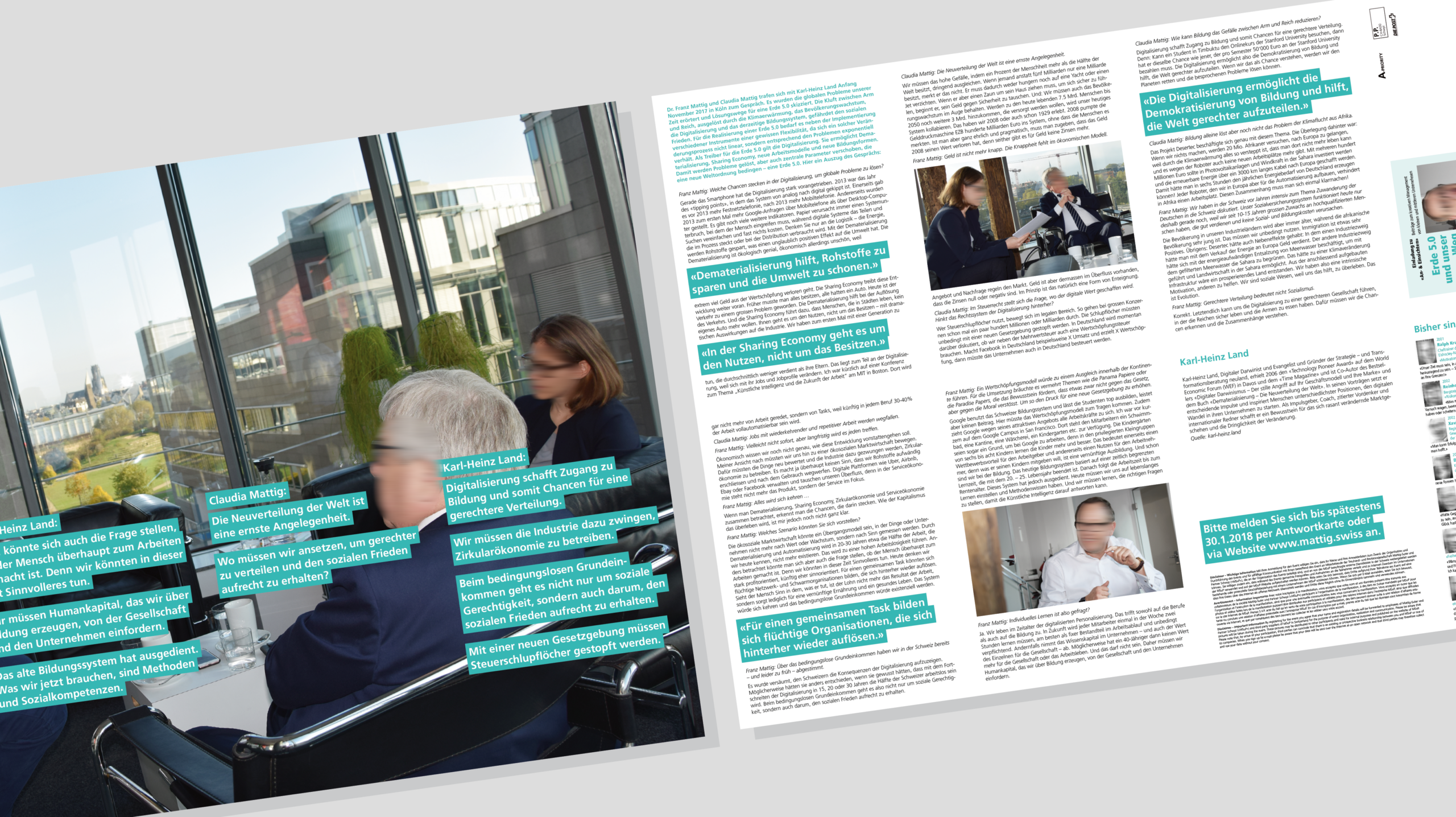 Editorial-Design der Einladungskarte „An- und Einsichten“ mit Bildstrecke, Interviews und Statements im Business-Kontext
