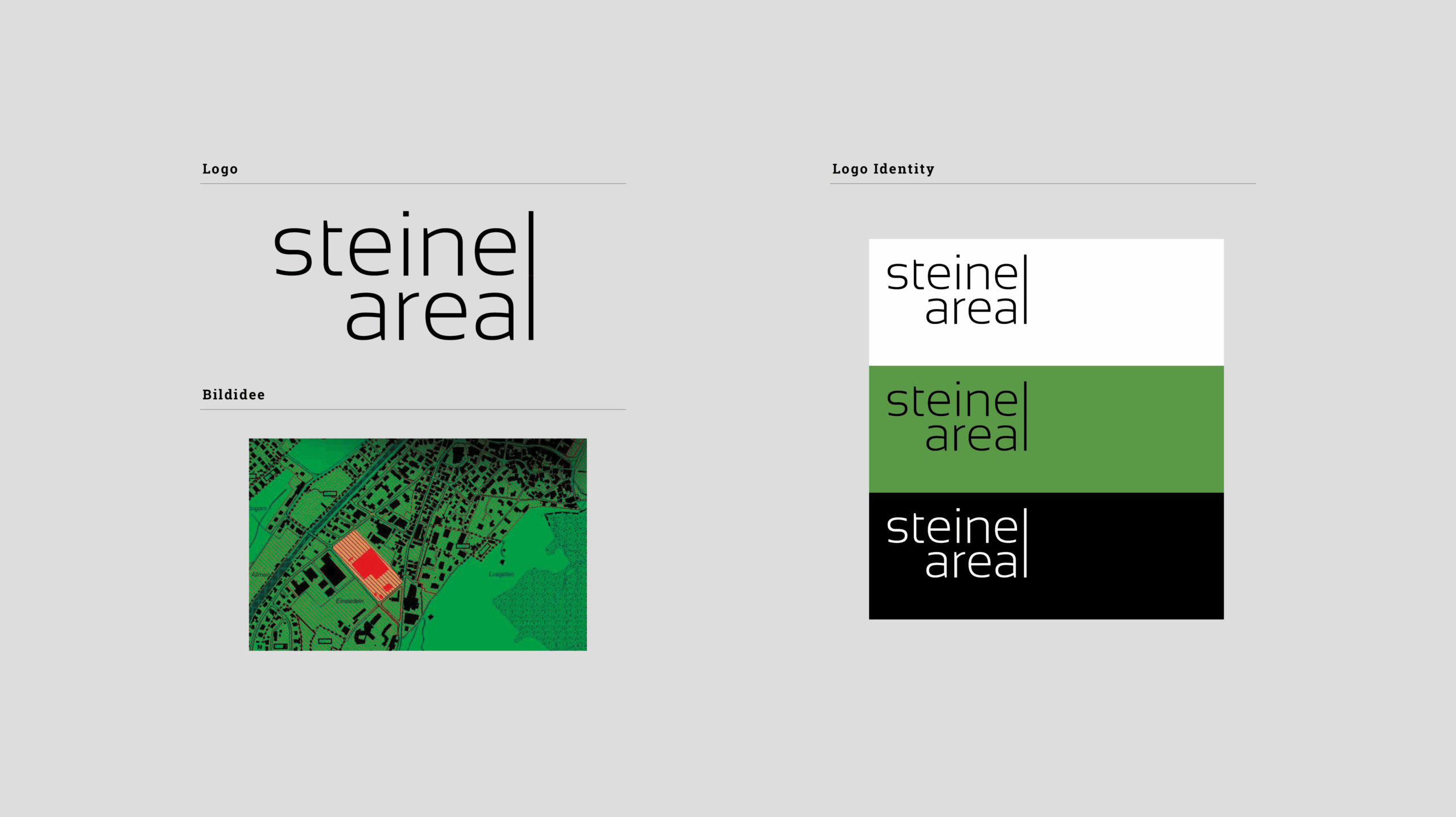 Logo- und Bildkonzept für das Steinel-Areal: Corporate Design mit Kartenmotiv und Farbvarianten.