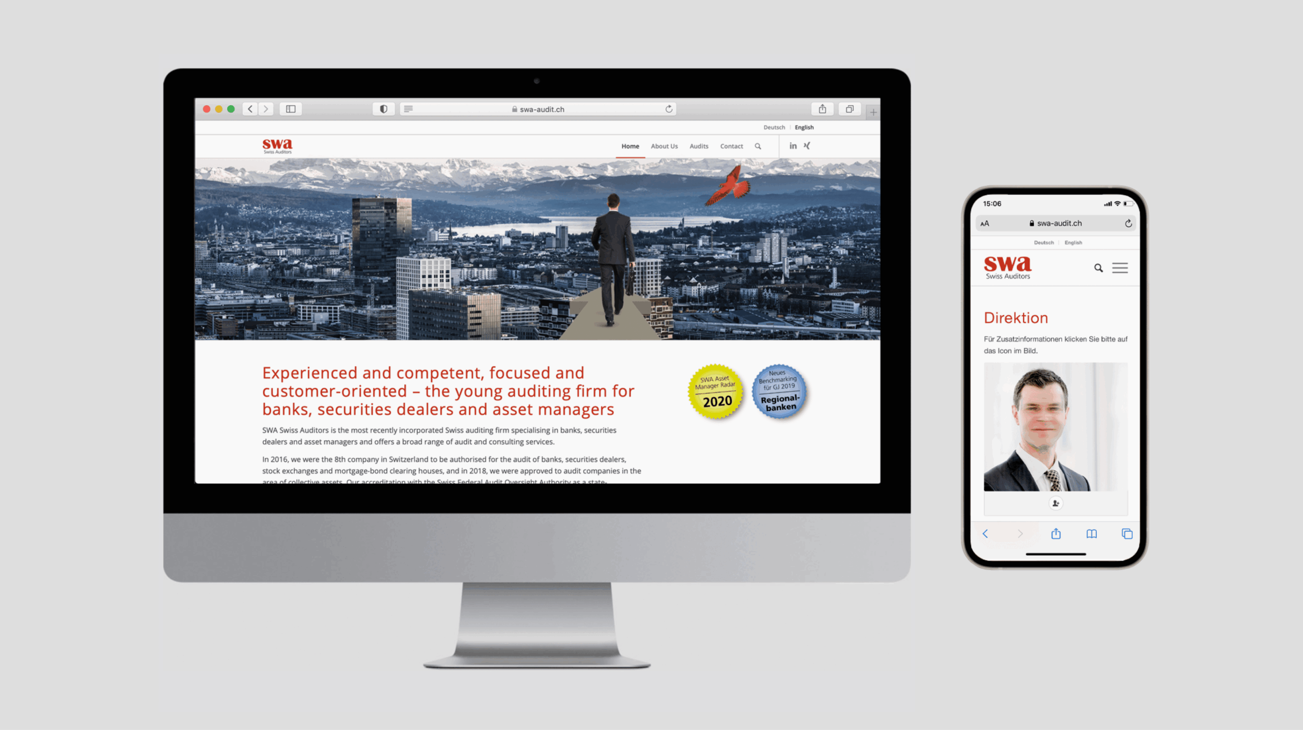 Responsive Webdesign für SWA Swiss Auditors – optimiert für Desktop und Smartphone.