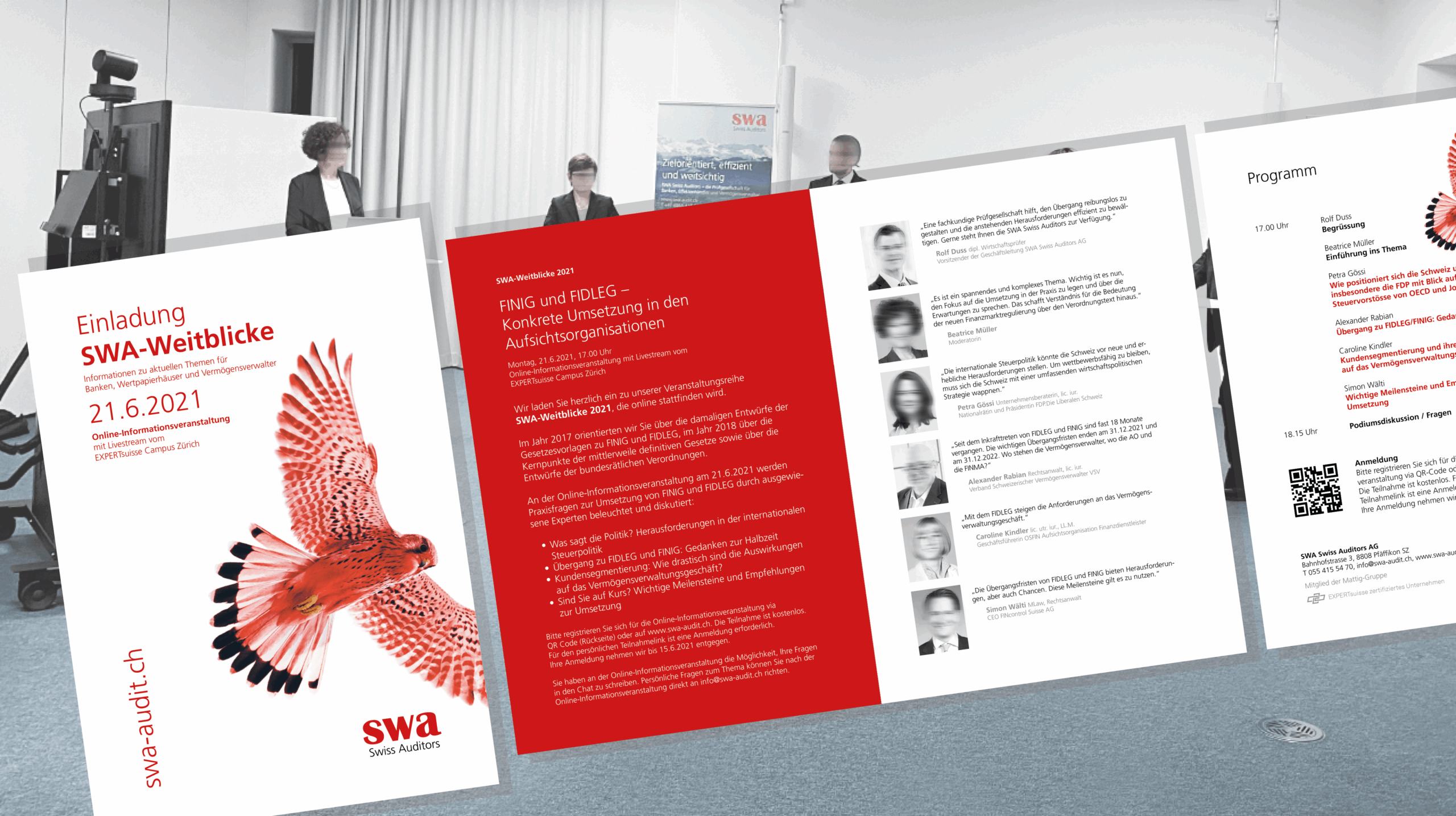 Design und Umsetzung der Einladungskarte und Programmunterlagen für die SWA-Weitblicke 2021 von SWA Swiss Auditors.