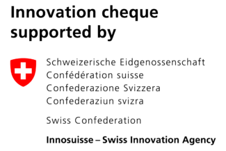 Logo "Innovation Cheque supported by Innosuisse – Swiss Innovation Agency" mit Schweizer Wappen und mehrsprachigem Schriftzug der Schweizerischen Eidgenossenschaft.