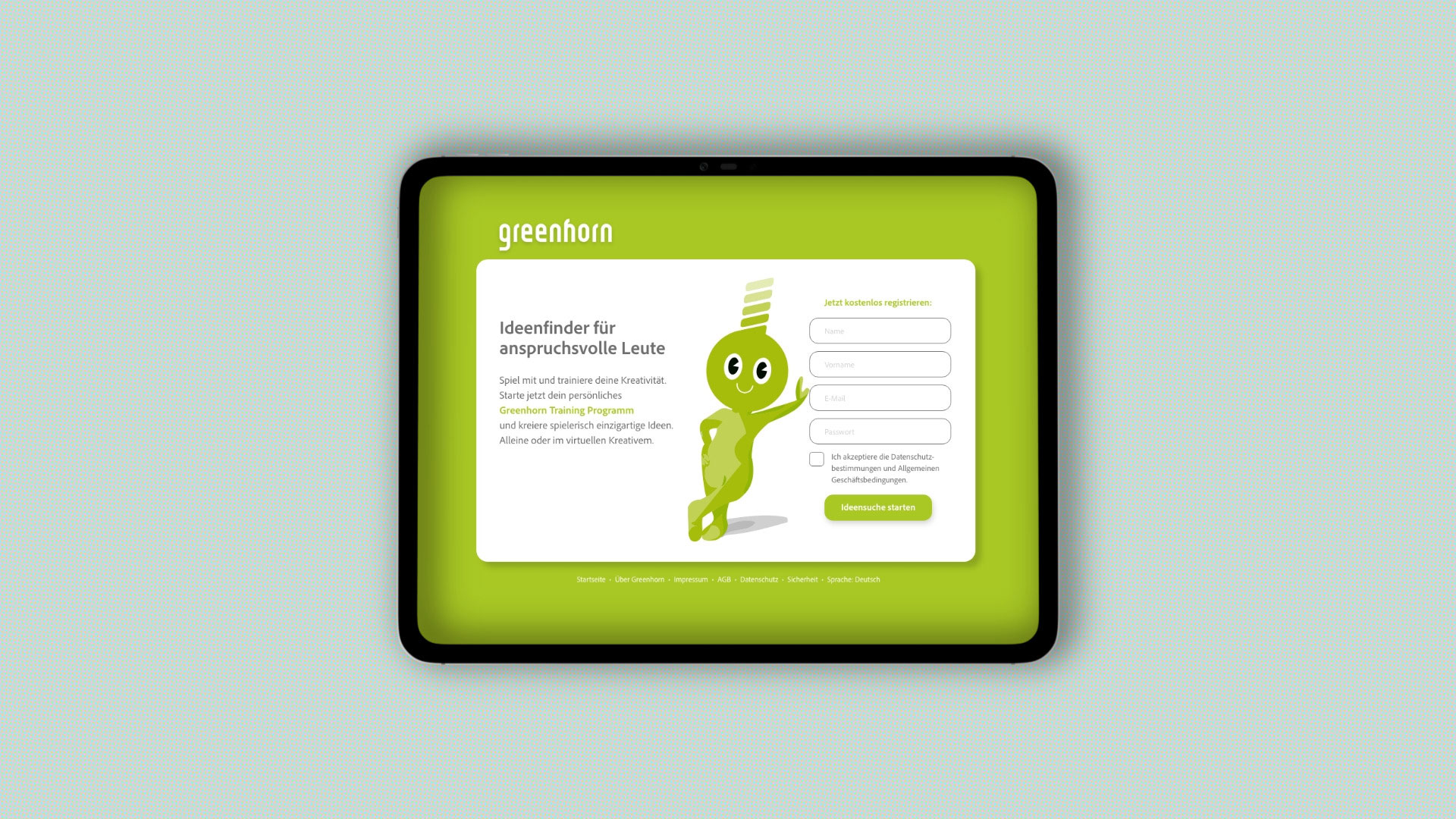 Tablet mit Startseite des Greenhorn Serious Games für kreative Ideenfindung.