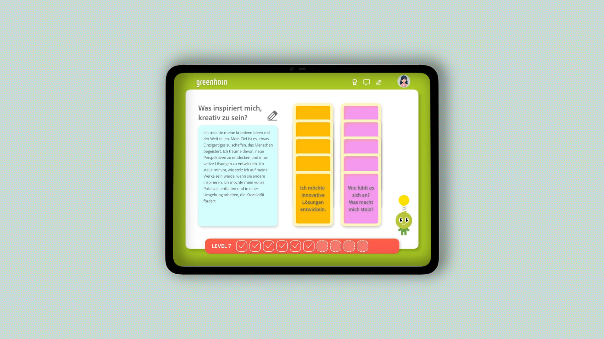 Tablet mit Aufgabenansicht aus Level 7 des Greenhorn Serious Games – Erkundung persönlicher Inspirationsquellen für kreative Ideenfindung.