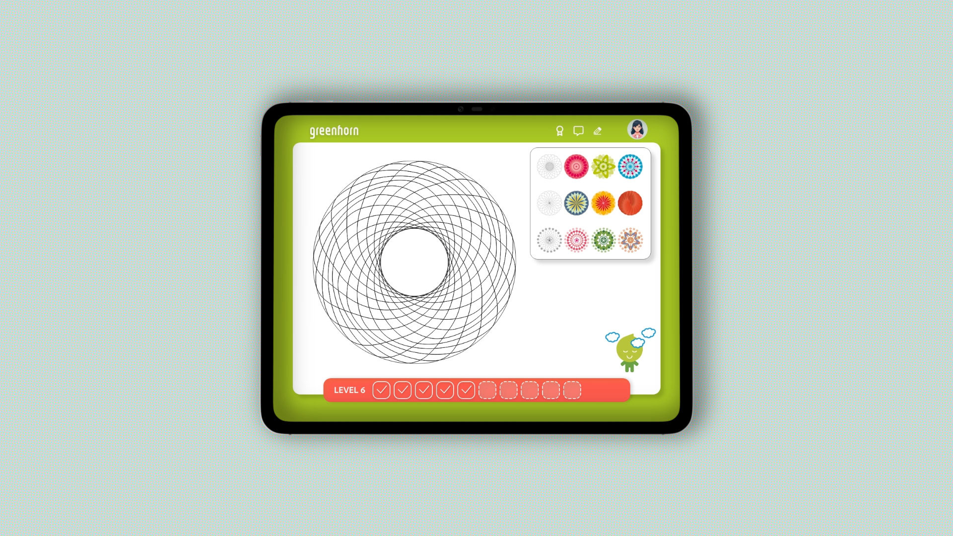 nsicht eines Tablets mit Kreativübung in Level 6 des Greenhorn Serious Games – Mustererstellung und Auswahloptionen.