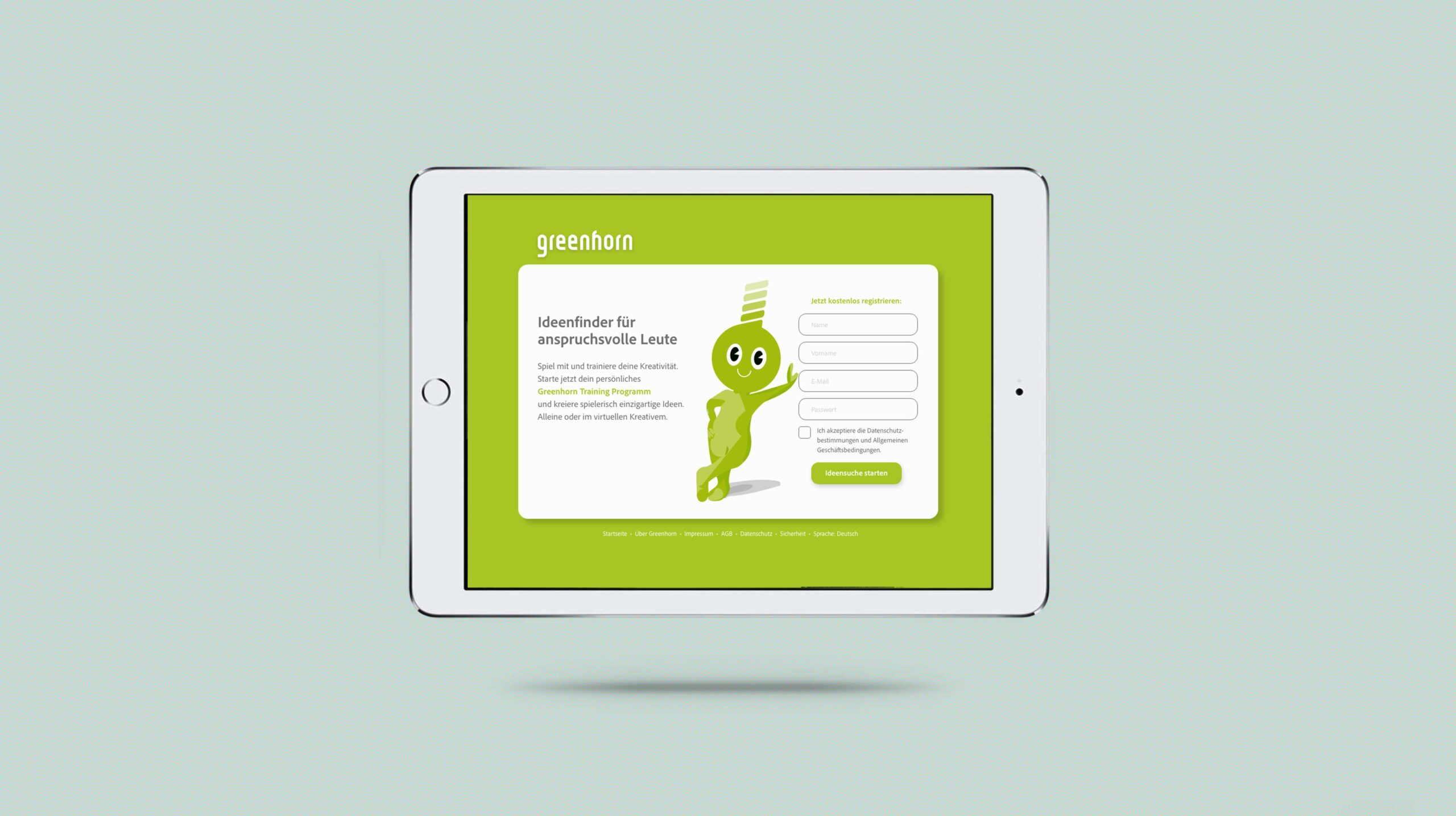 Tablet mit Startseite des Greenhorn Serious Games für kreative Ideenfindung.