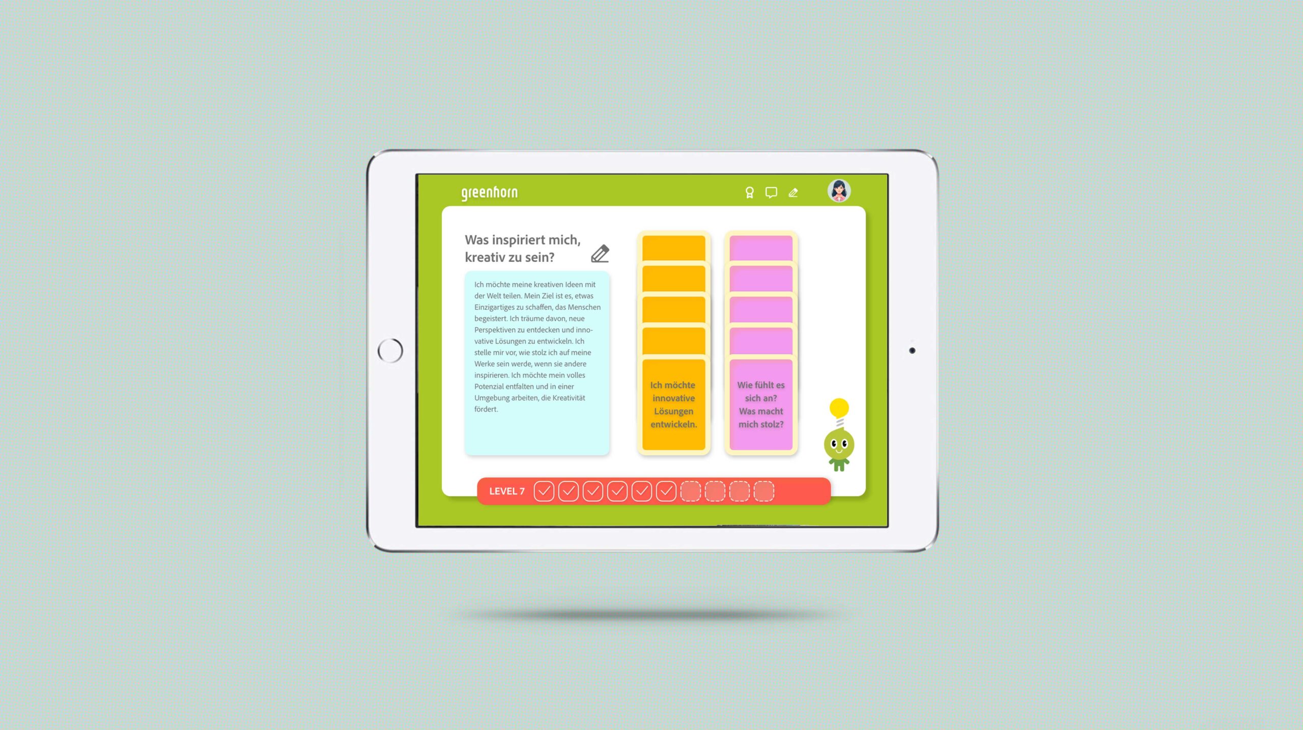 Tablet mit Aufgabenansicht aus Level 7 des Greenhorn Serious Games – Erkundung persönlicher Inspirationsquellen für kreative Ideenfindung.