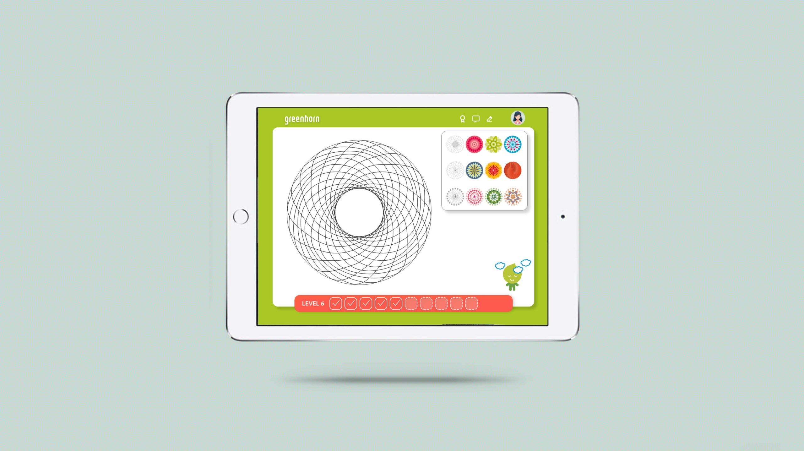 nsicht eines Tablets mit Kreativübung in Level 6 des Greenhorn Serious Games – Mustererstellung und Auswahloptionen.