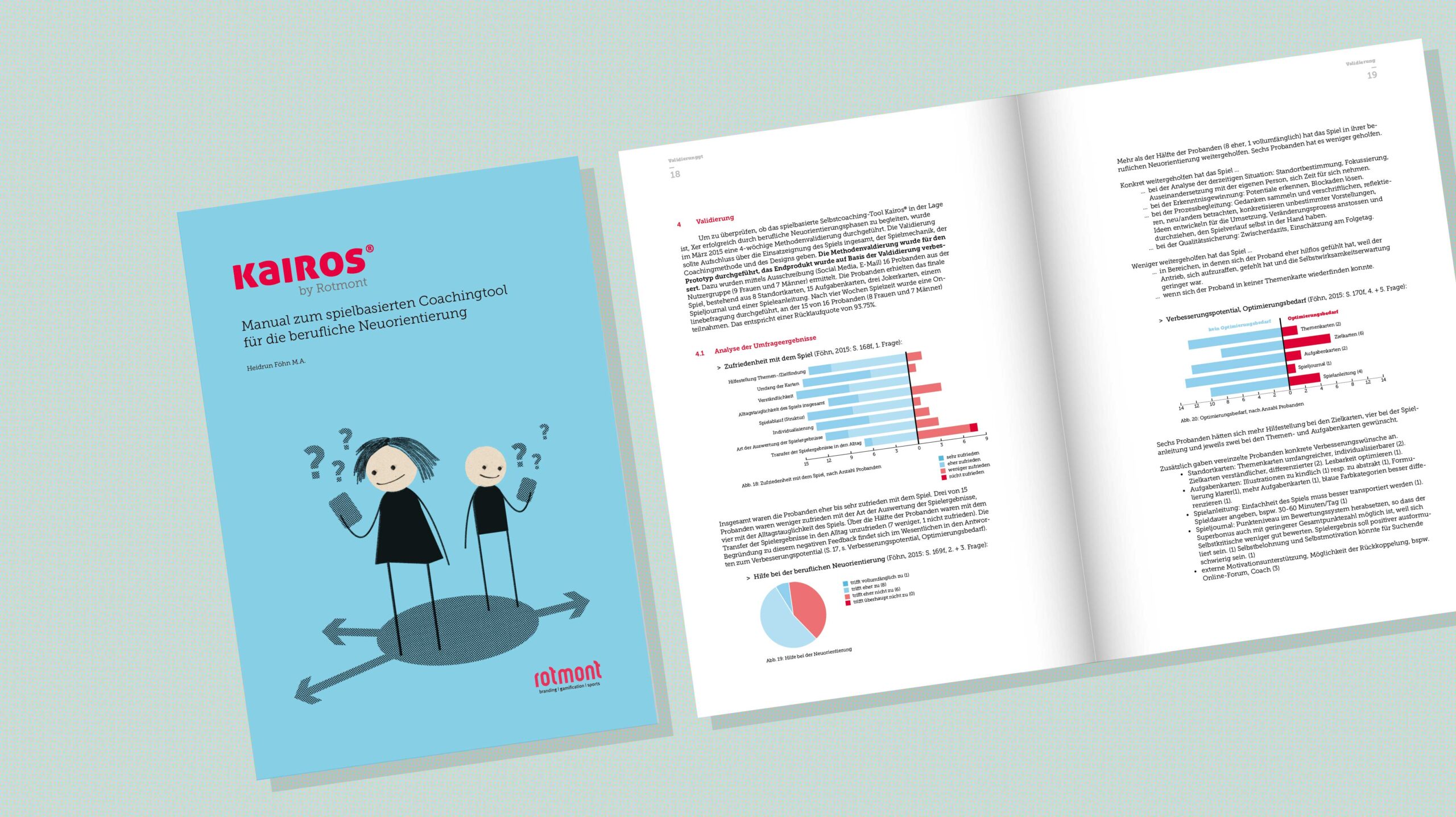 Ansicht des Kairos Manuals mit Cover und Innenseiten, inklusive Auswertungsdiagrammen und Erläuterungen zur Anwendung des spielbasierten Coachingtools.