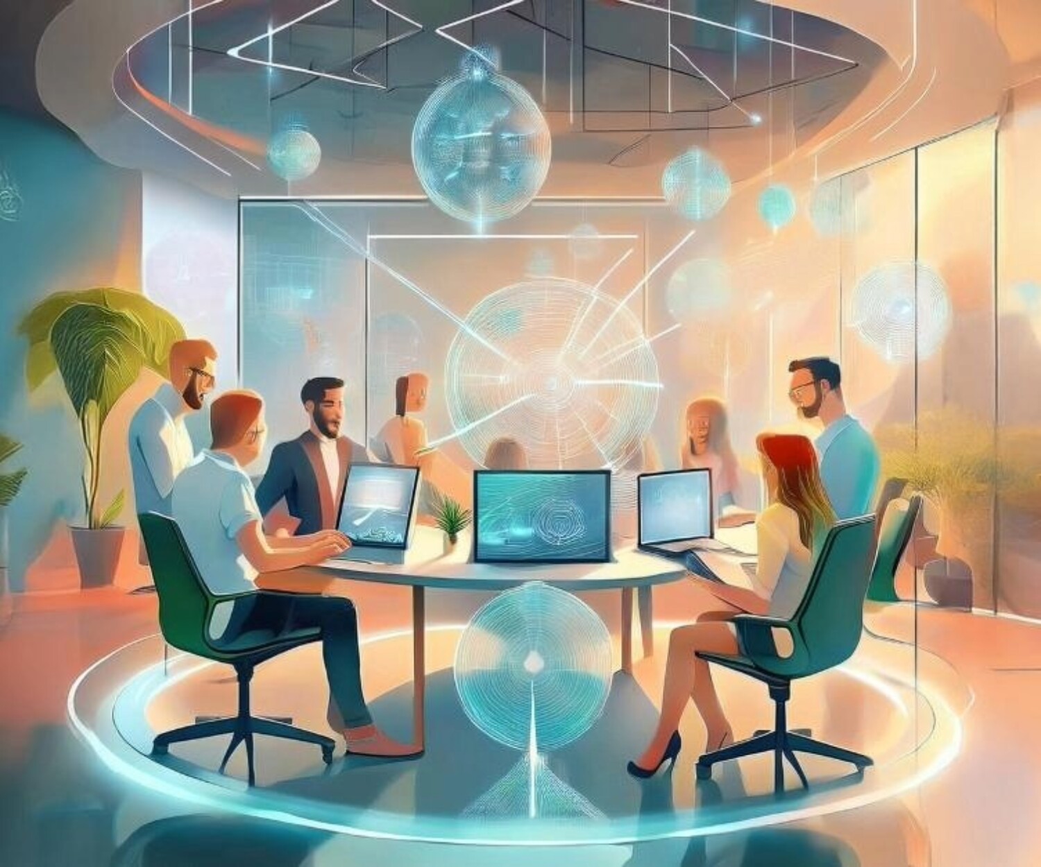 Team arbeitet kreativ in einem vernetzten, digitalen Innovationsraum