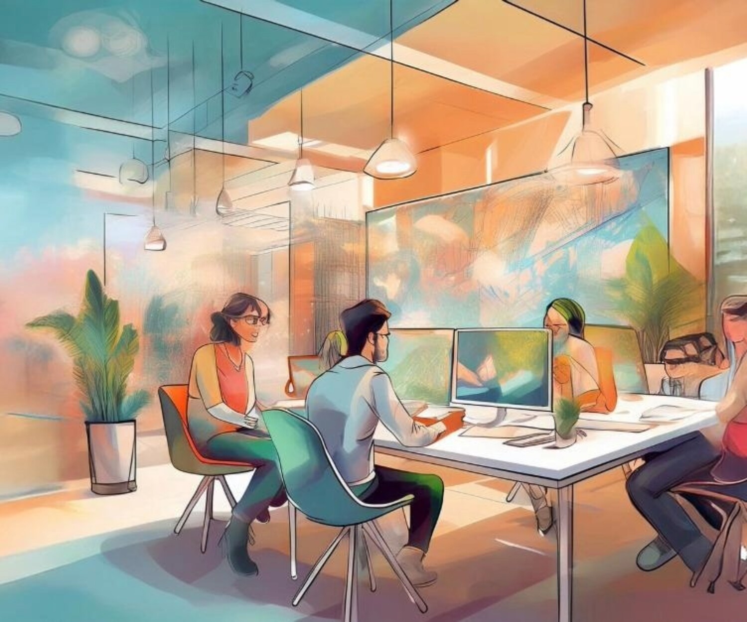 Team arbeitet kreativ an Schreibtischen in einem lichtdurchfluteten Büro