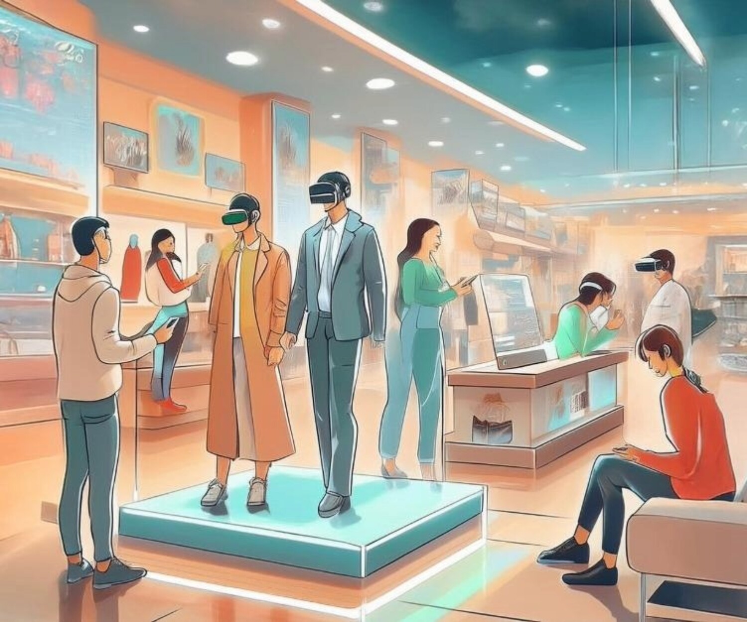 Menschen testen digitale Innovationen mit Virtual Reality in einem modernen Geschäft