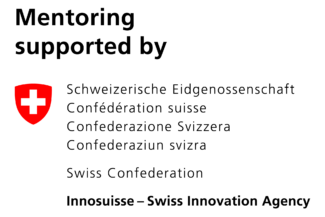Logo "Mentoring supported by Innosuisse – Swiss Innovation Agency" mit Schweizer Wappen und mehrsprachigem Schriftzug der Schweizerischen Eidgenossenschaft.