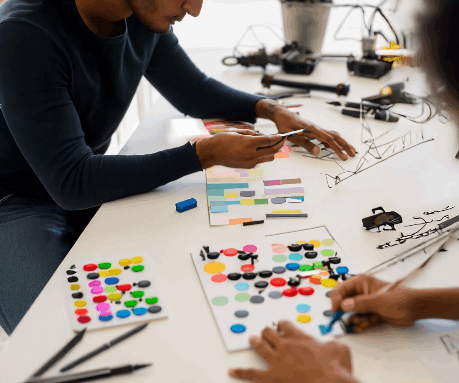 Menschen arbeiten gemeinsam mit Karten und Farben an einem Kreativprojekt – symbolisch für spielerische Projektentwicklung.