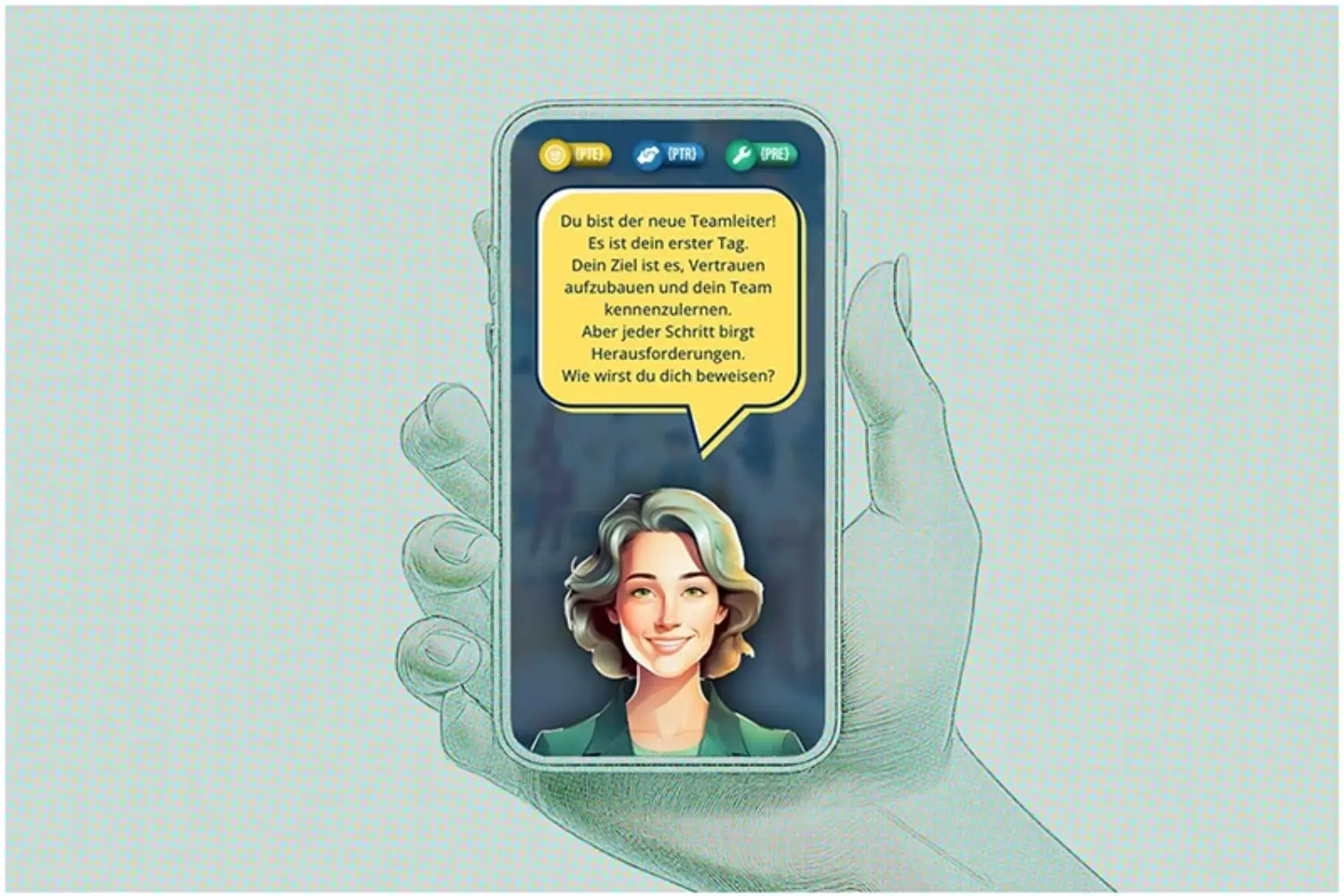 Illustration einer Hand mit Smartphone, auf dem eine virtuelle Mentorin in der Leadership-App eine Einstiegsnachricht für neue Teamleiter:innen zeigt