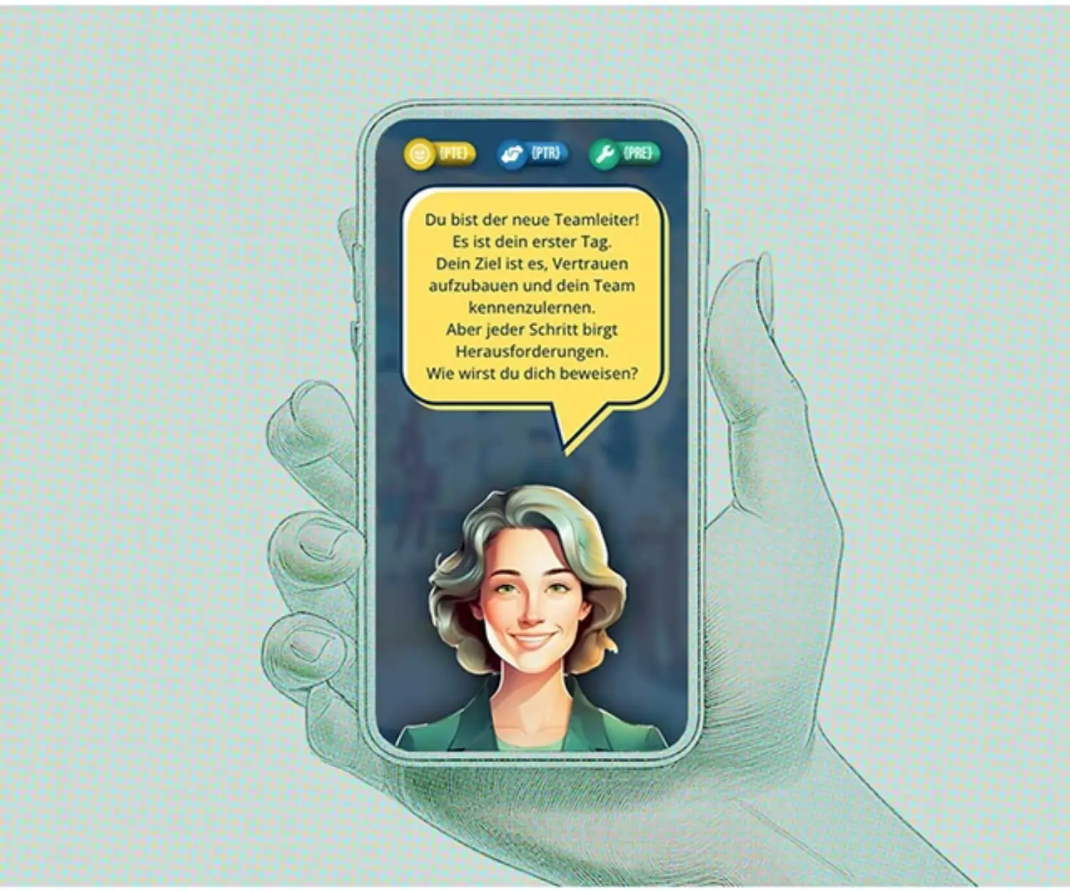 Illustration einer Hand mit Smartphone, auf dem eine virtuelle Mentorin in der Leadership-App eine Einstiegsnachricht für neue Teamleiter:innen zeigt