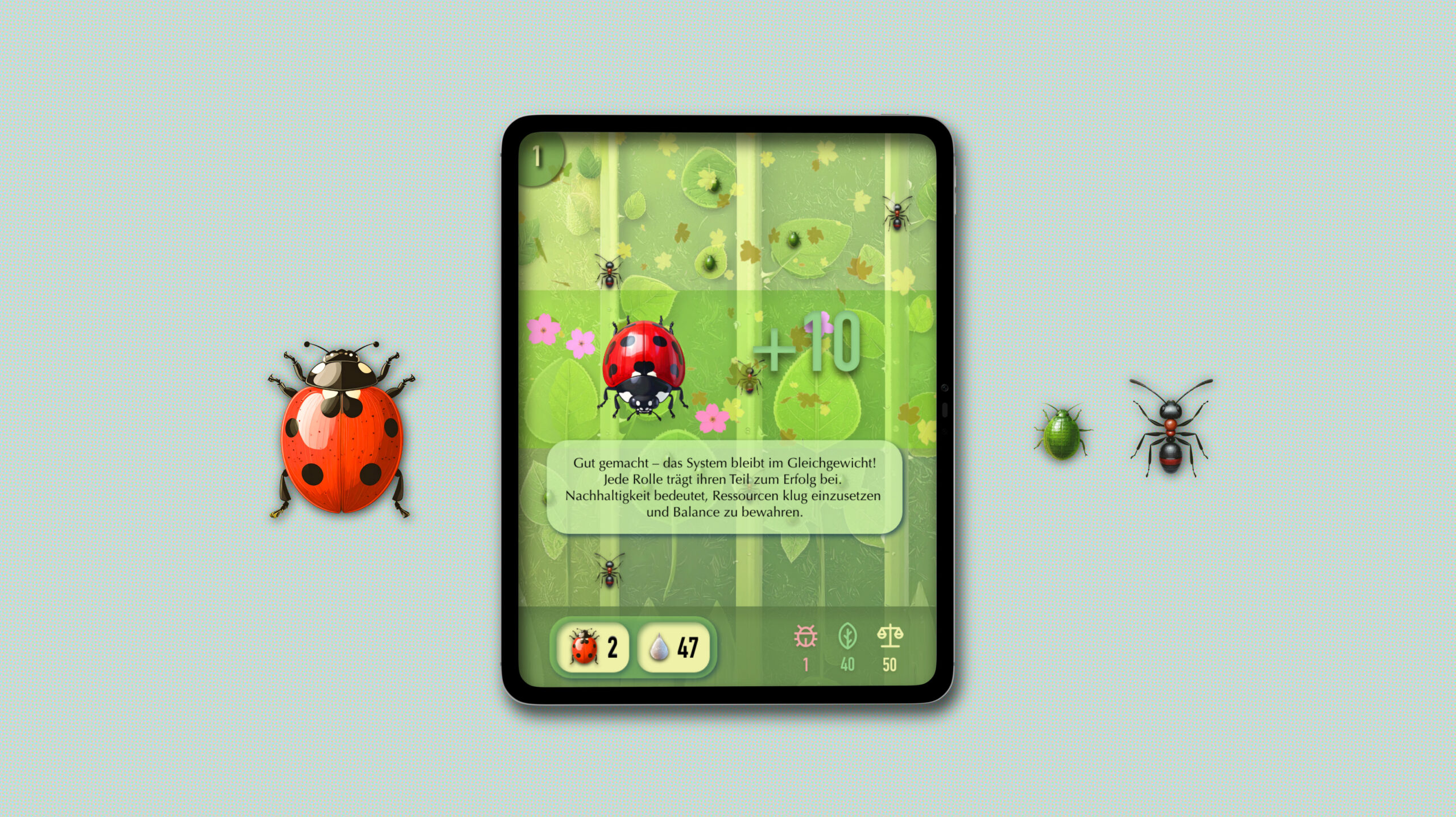Mockup des Advergames Nachhaltigkeit für Climsoft mit Marienkäfer, Ameisen und Pflanzen im Tablet-Screen