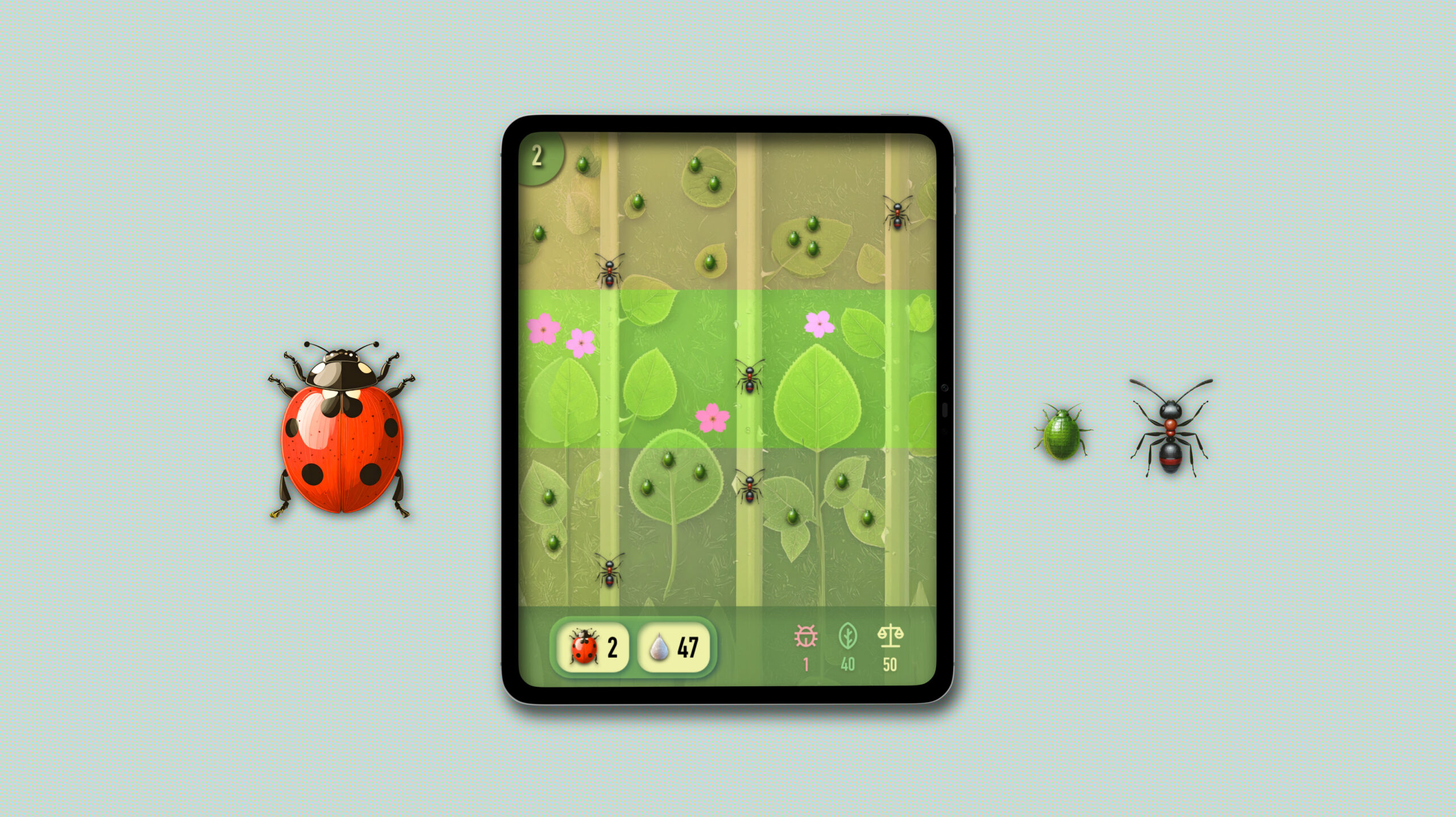 Mockup des Advergames Nachhaltigkeit für Climsoft mit Marienkäfer, Ameisen und Pflanzen im Tablet-Screen