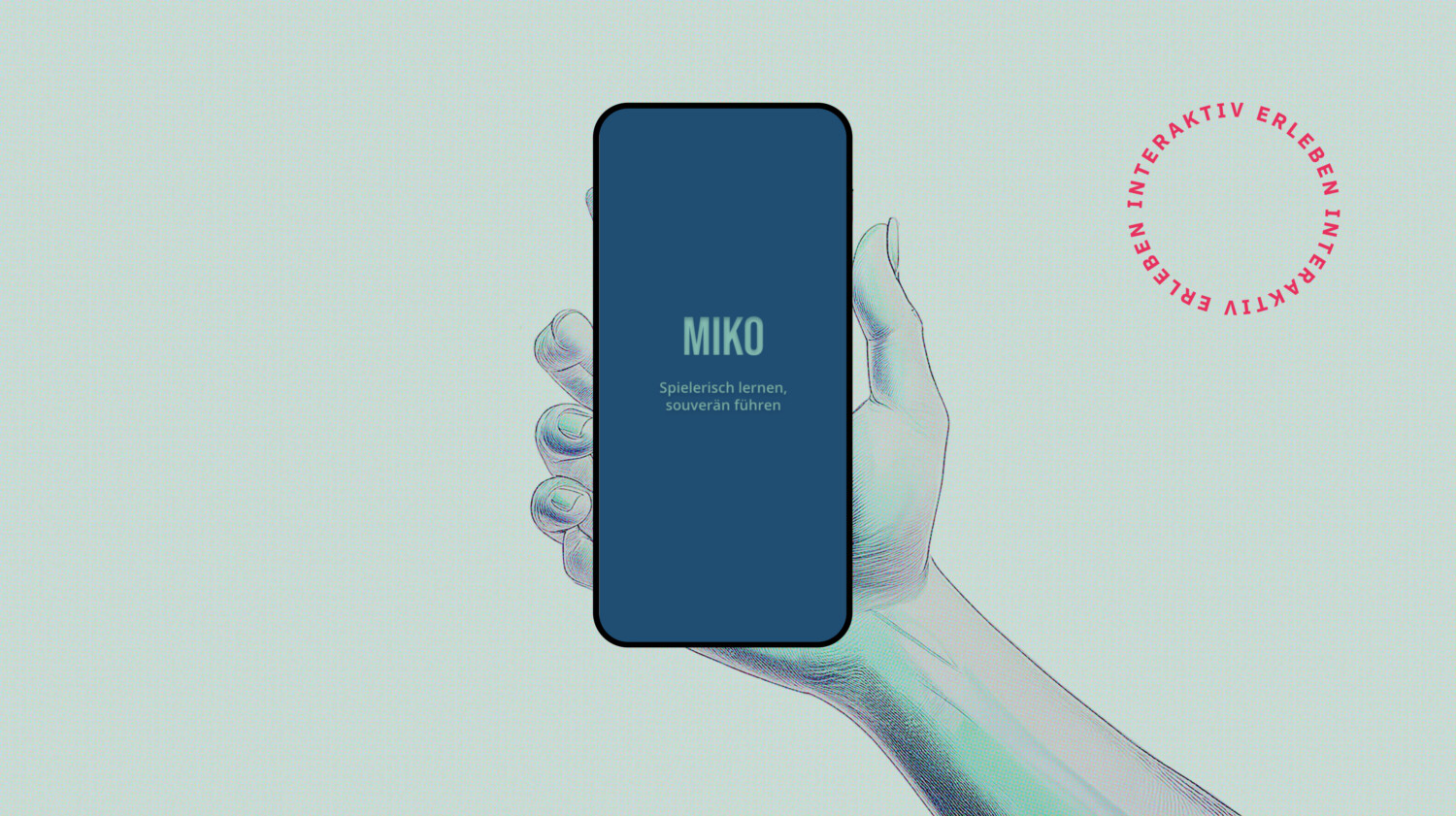 Illustration einer Hand mit Smartphone, auf dem die Leadership-App MIKO mit einer virtuellen Mentorin angezeigt wird