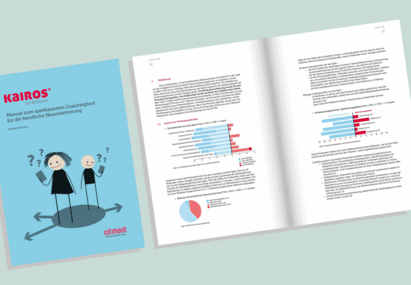 Kairos Coaching-Manual von Rotmont – geschlossenes Cover und aufgeschlagenes Heft zeigen Illustrationen und Auswertungsdiagramme zur beruflichen Neuorientierung