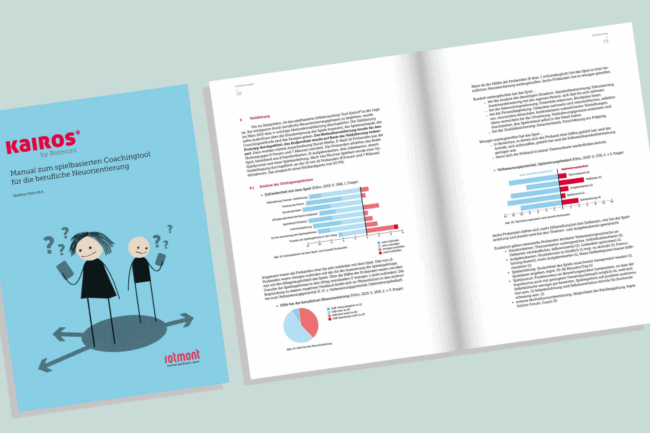 Kairos Coaching-Manual von Rotmont – geschlossenes Cover und aufgeschlagenes Heft zeigen Illustrationen und Auswertungsdiagramme zur beruflichen Neuorientierung