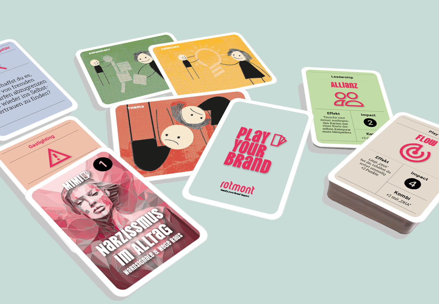 Spielsammlung mit Coaching-, Management- und Branding-Kartenspielen von Rotmont. Verschiedene Spielkarten liegen nebeneinander.
