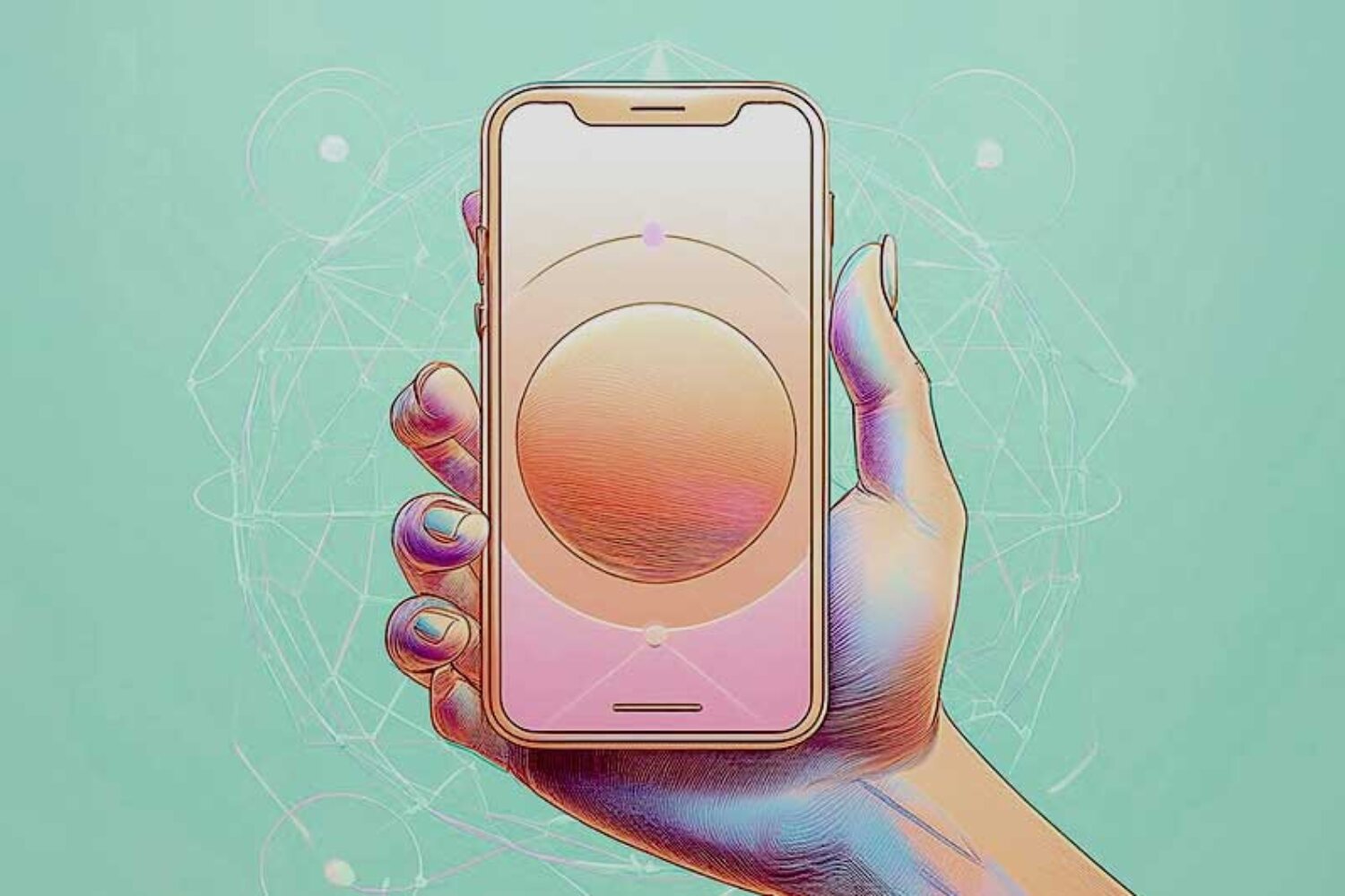 Illustration einer Hand, die ein Smartphone mit Symbolen hält – Übersichtsbild Rotmont Portfolio.