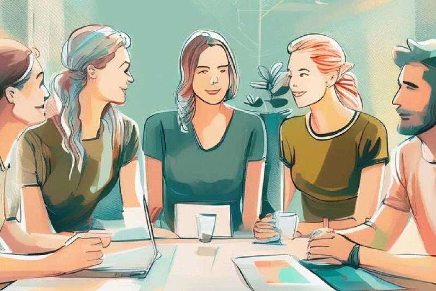 Illustration eines kreativen Teams bei einem Meeting – Übersichtsbild Rotmont Expertise.