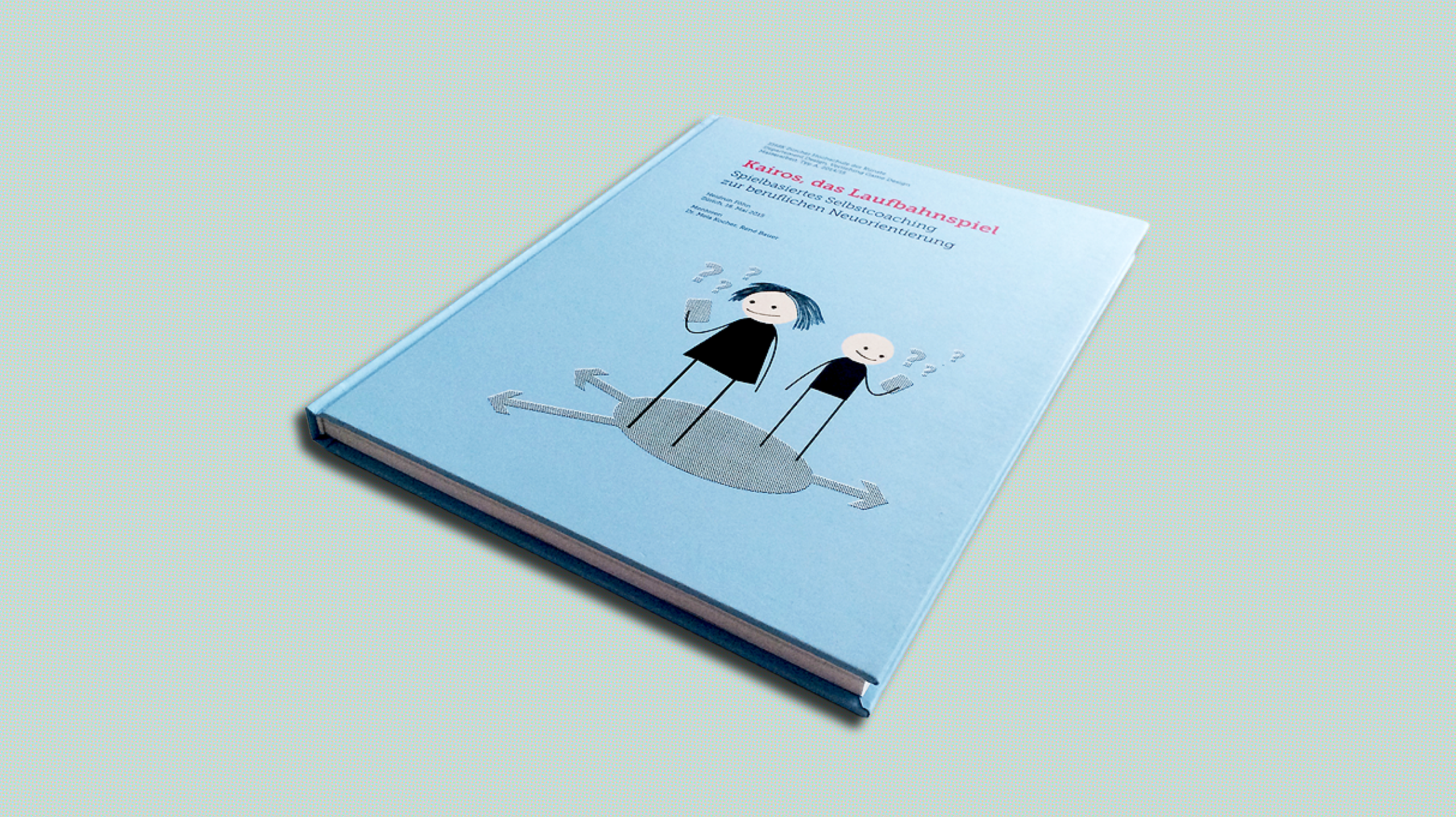 Fotografie des Buches zur Kairos Thesis: Selbstcoaching-Spiel für berufliche Neuorientierung, Hardcover in Blau mit Cover-Illustration von Heidrun Föhn