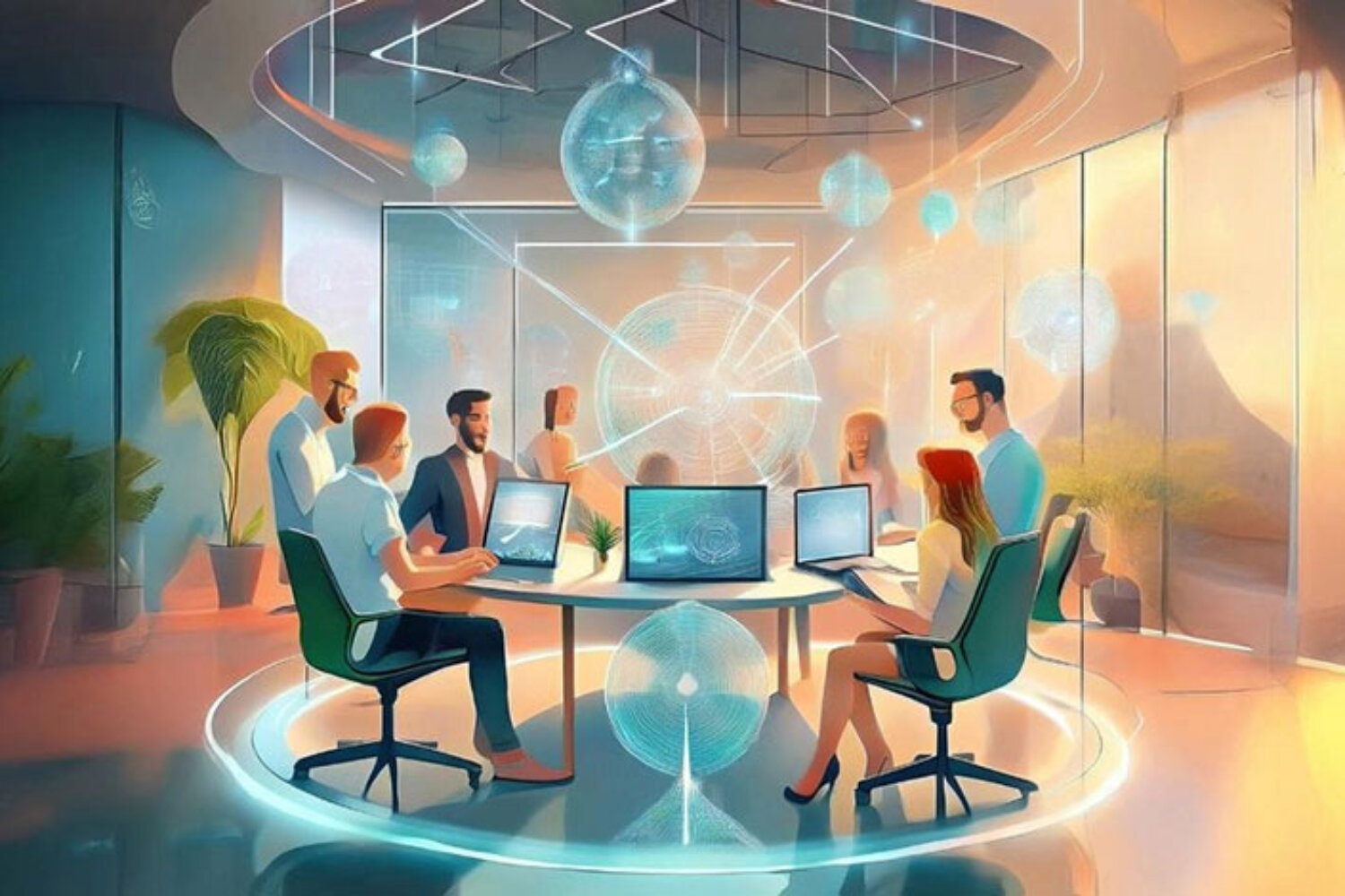 Team arbeitet kreativ in einem vernetzten, digitalen Innovationsraum