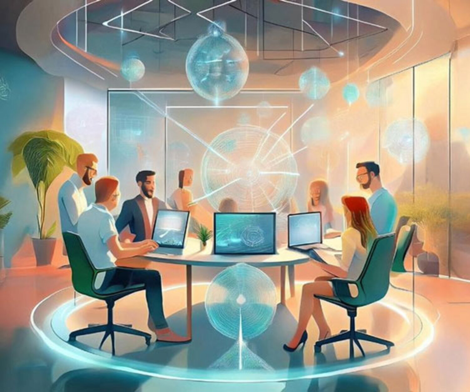 Team arbeitet kreativ in einem vernetzten, digitalen Innovationsraum