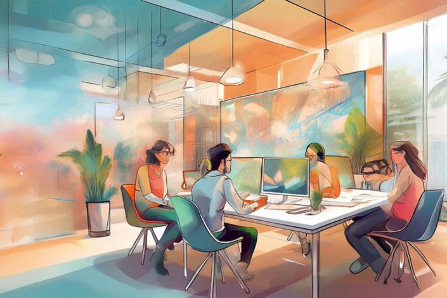 Team arbeitet kreativ an Schreibtischen in einem lichtdurchfluteten Büro