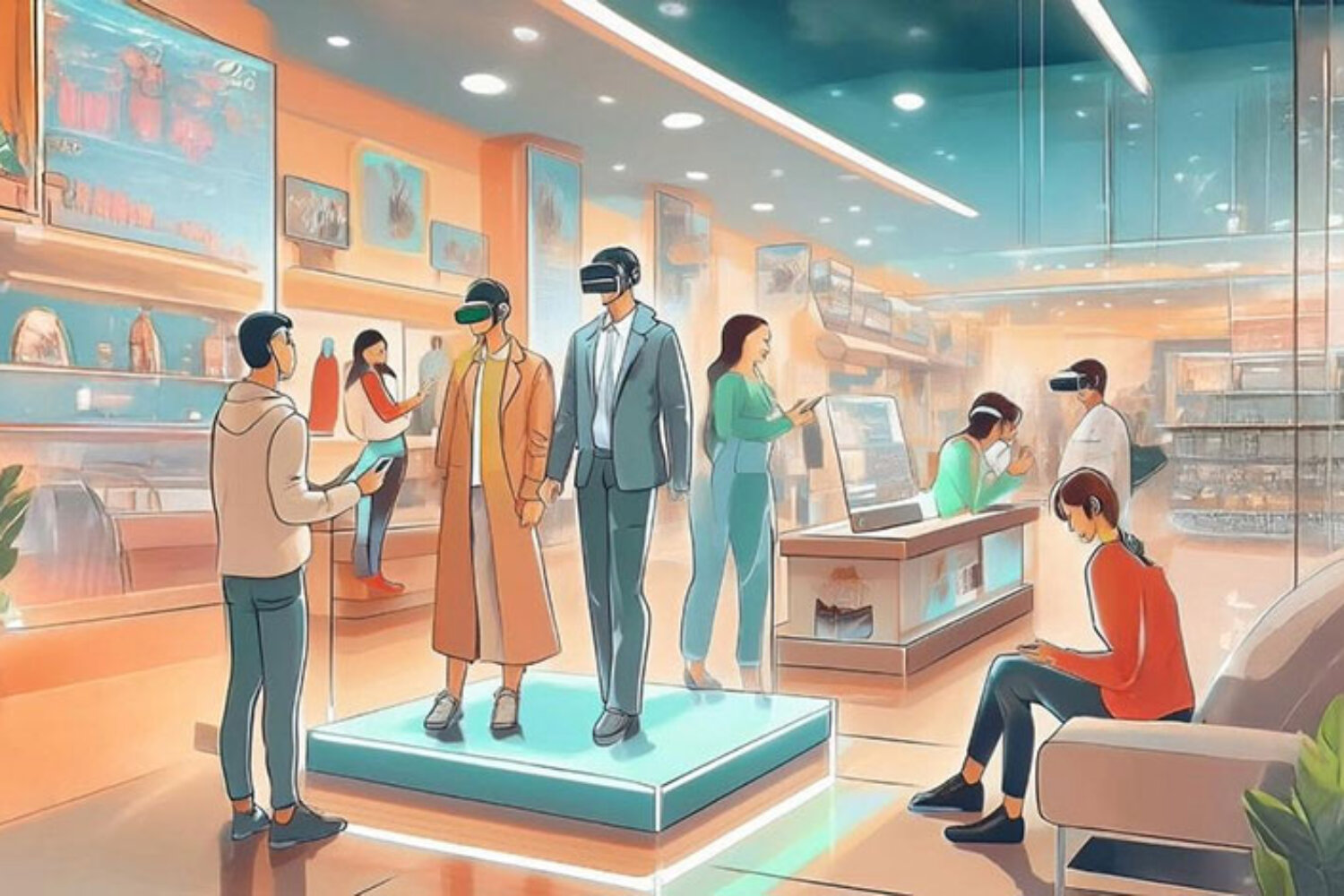 Menschen testen digitale Innovationen mit Virtual Reality in einem modernen Geschäft