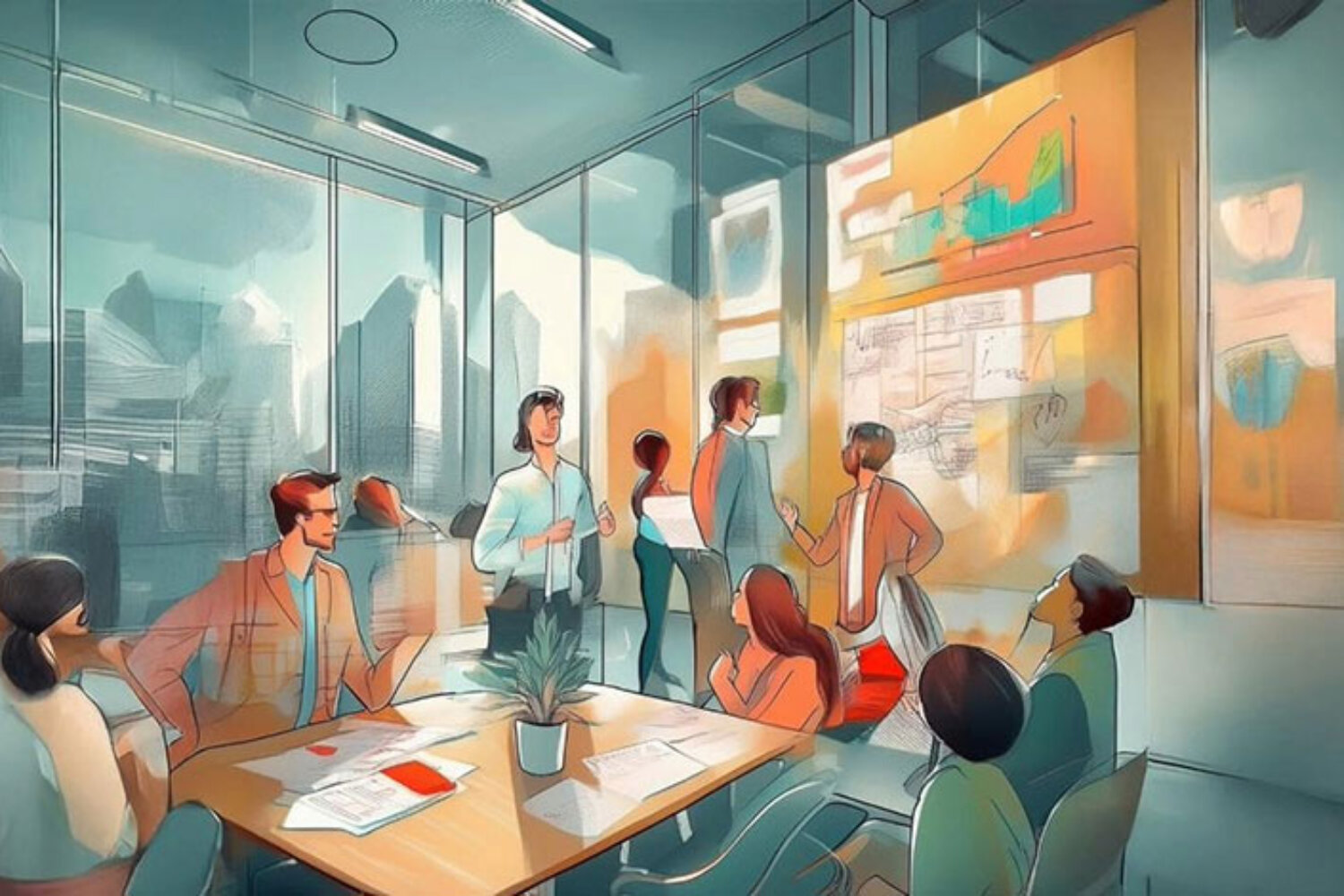 Workshop-Team diskutiert kreative Ansätze und Methoden an einem Whiteboard