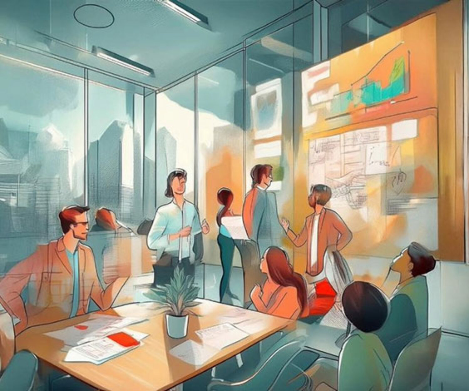 Workshop-Team diskutiert kreative Ansätze und Methoden an einem Whiteboard