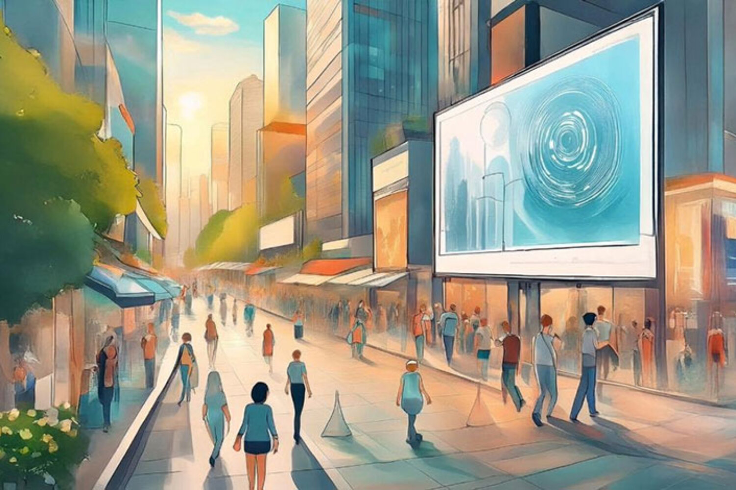 Menschen auf einer belebten Einkaufsstraße mit interaktiver Markenwerbung auf großen Bildschirmen