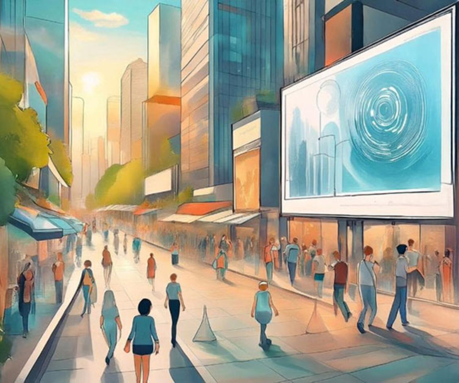 Menschen auf einer belebten Einkaufsstraße mit interaktiver Markenwerbung auf großen Bildschirmen