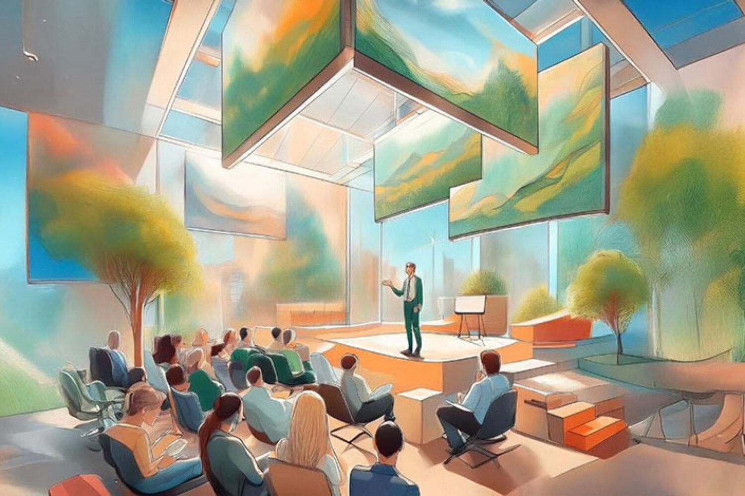 Vortrag über nachhaltige Kommunikation und Storytelling in modernem Konferenzraum