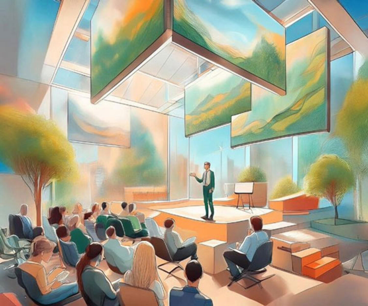 Vortrag über nachhaltige Kommunikation und Storytelling in modernem Konferenzraum