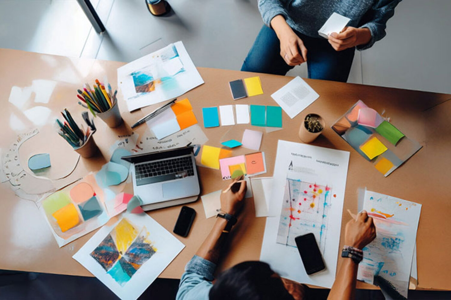 Kreativer Arbeitstisch mit bunten Karten, Skizzen und Materialien – Symbol für Struktur und Freiheit im kreativen Prozess