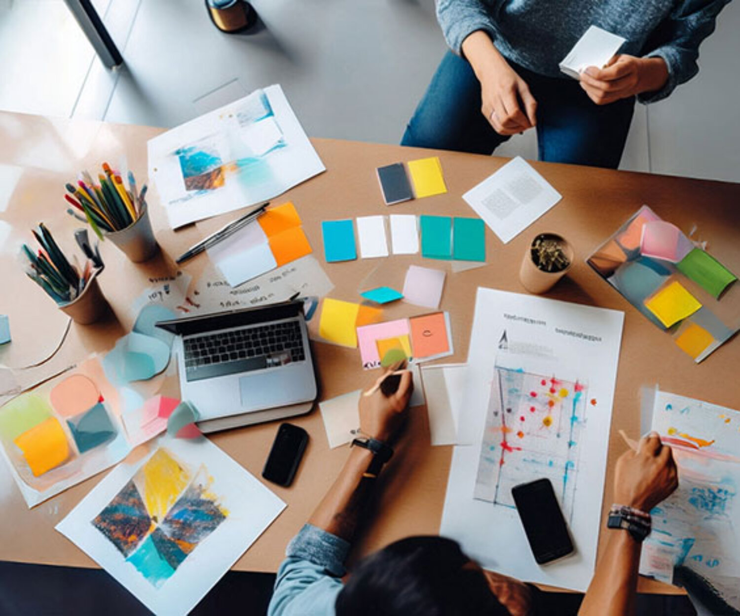 Kreativer Arbeitstisch mit bunten Karten, Skizzen und Materialien – Symbol für Struktur und Freiheit im kreativen Prozess