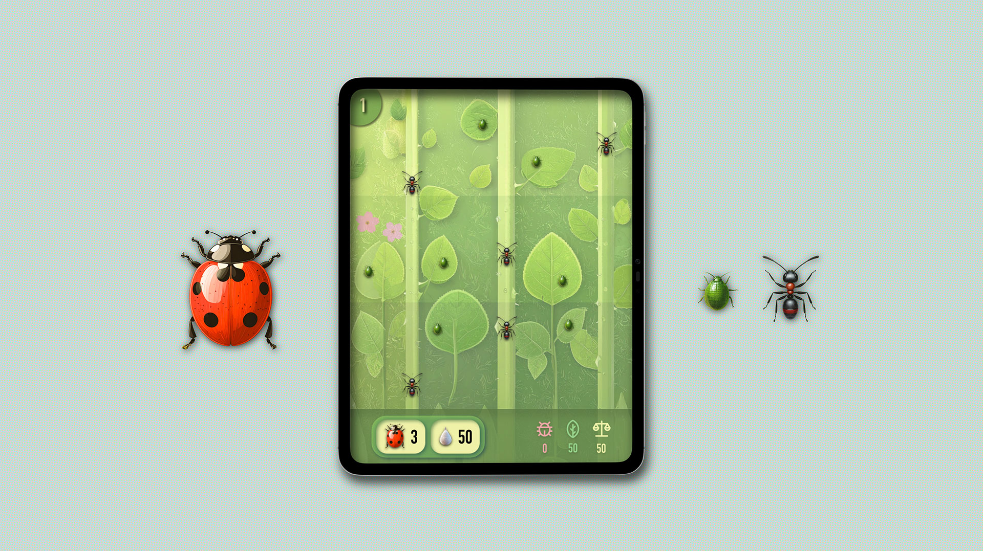 Mockup des Advergames Nachhaltigkeit für Climsoft mit Marienkäfer, Ameisen und Pflanzen im Tablet-Screen
