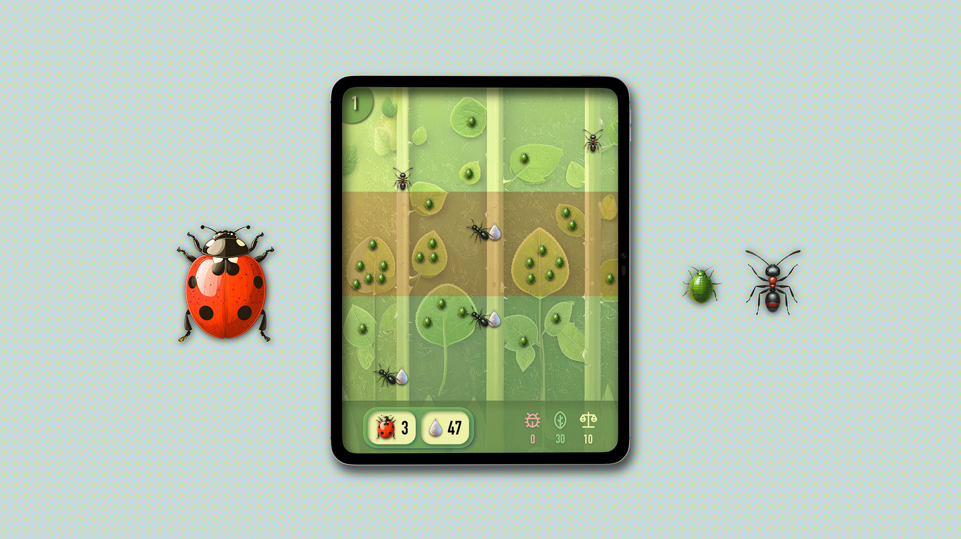 Mockup des Advergames Nachhaltigkeit für Climsoft mit Marienkäfer, Ameisen und Pflanzen im Tablet-Screen