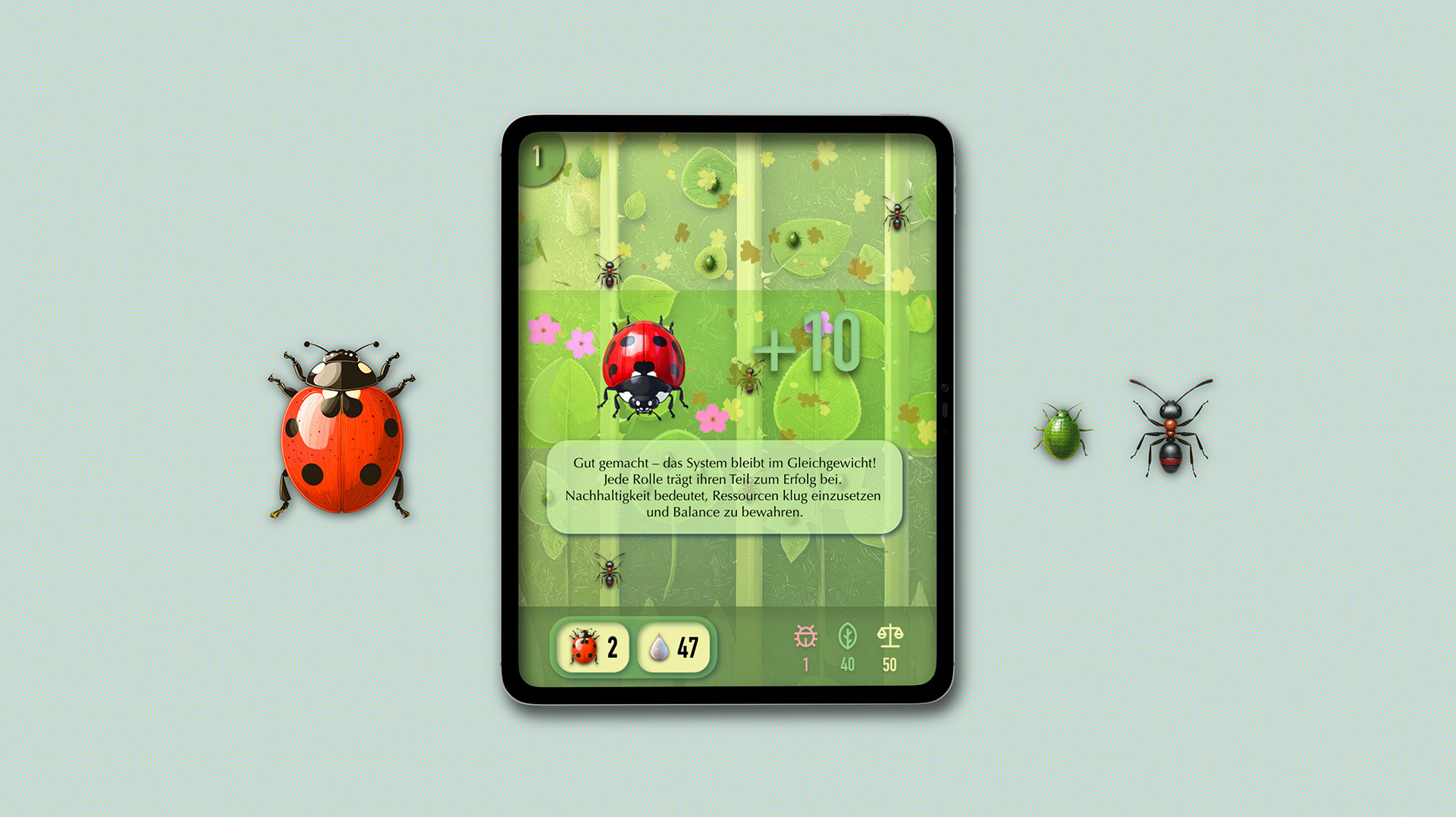 Mockup des Advergames Nachhaltigkeit für Climsoft mit Marienkäfer, Ameisen und Pflanzen im Tablet-Screen