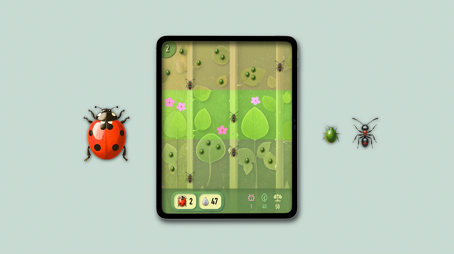 Mockup des Advergames Nachhaltigkeit für Climsoft mit Marienkäfer, Ameisen und Pflanzen im Tablet-Screen