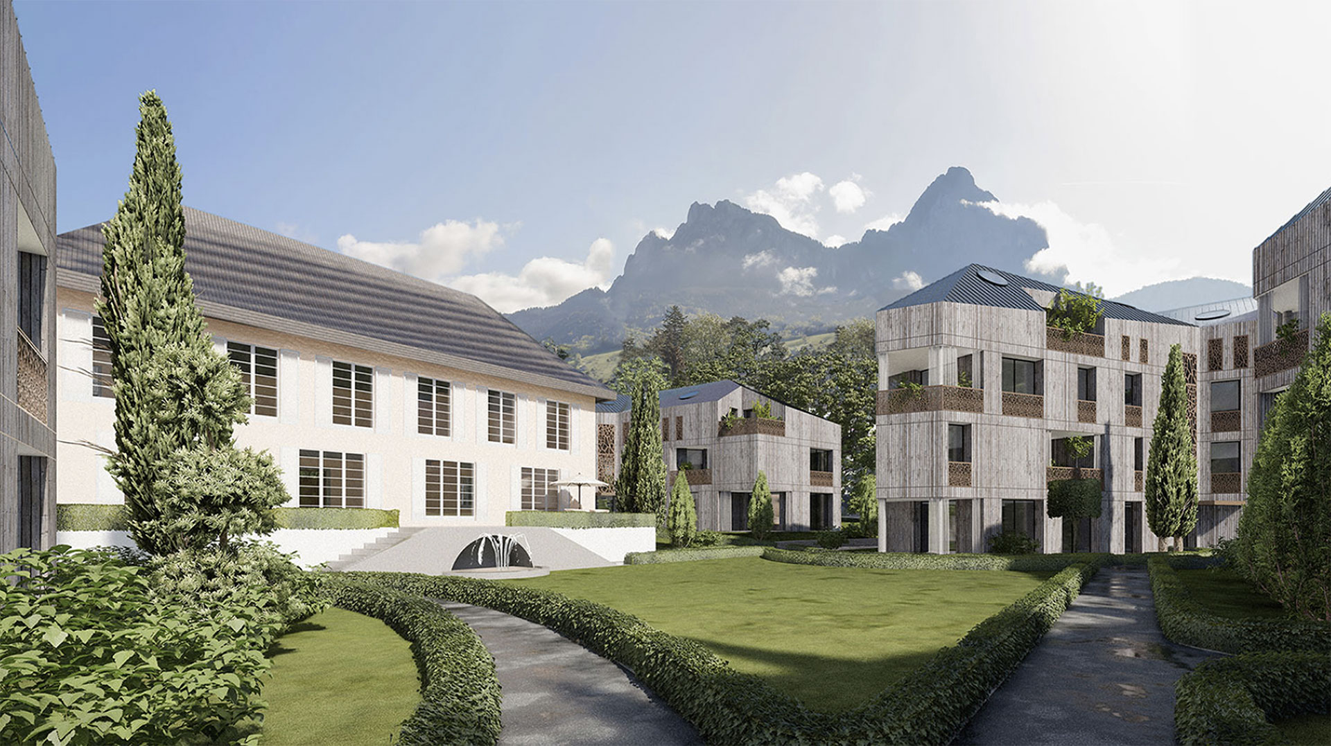 Visualisierung der Wohnüberbauung Liebwylen mit Blick auf die umliegende Berglandschaft.