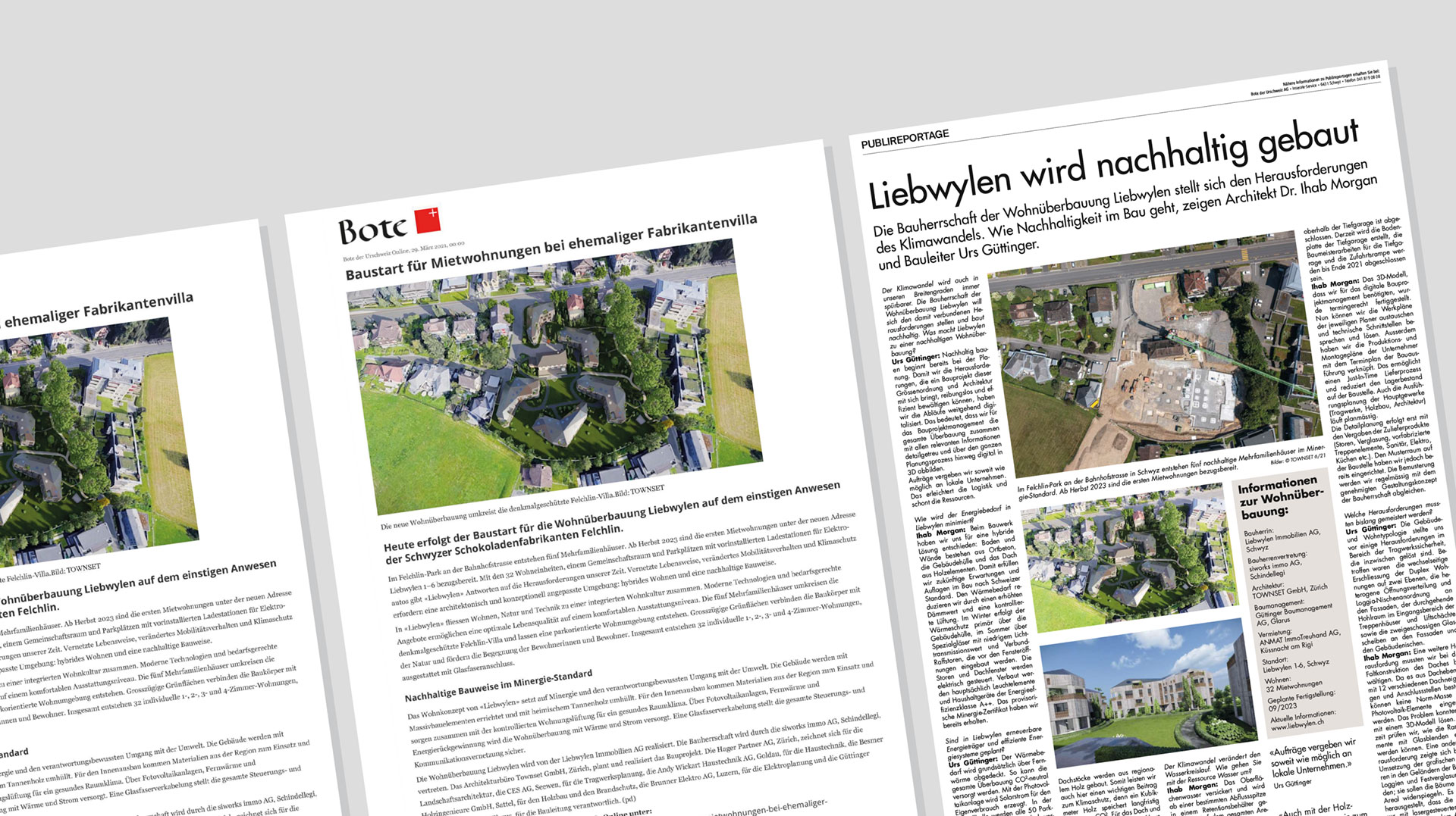 Publireportage zur Wohnüberbauung Liebwylen mit Fokus auf nachhaltiges Bauen im Minergie-Standard – Medienarbeit für Bauprojektkommunikation