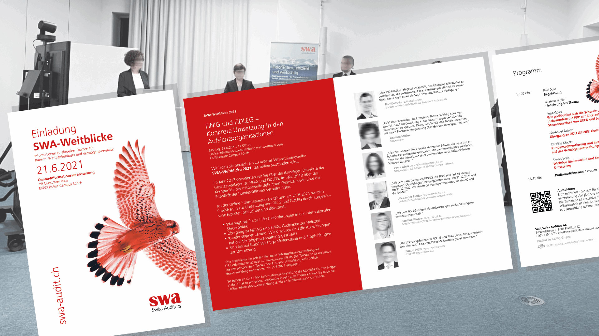 Design und Umsetzung der Einladungskarte und Programmunterlagen für die SWA-Weitblicke 2021 von SWA Swiss Auditors.