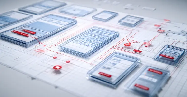 Digitale Oberfläche mit verbundenen Karten, Symbolen und Interface-Elementen.